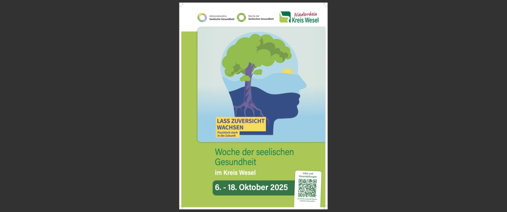 Plakat zur Woche der seelischen Gesundheit im Kreis Wesel vom 6. bis 18. Oktober 2025 mit Silhouette eines Kopfes, Baum und Sonne, Text "Lass Zuversicht wachsen"