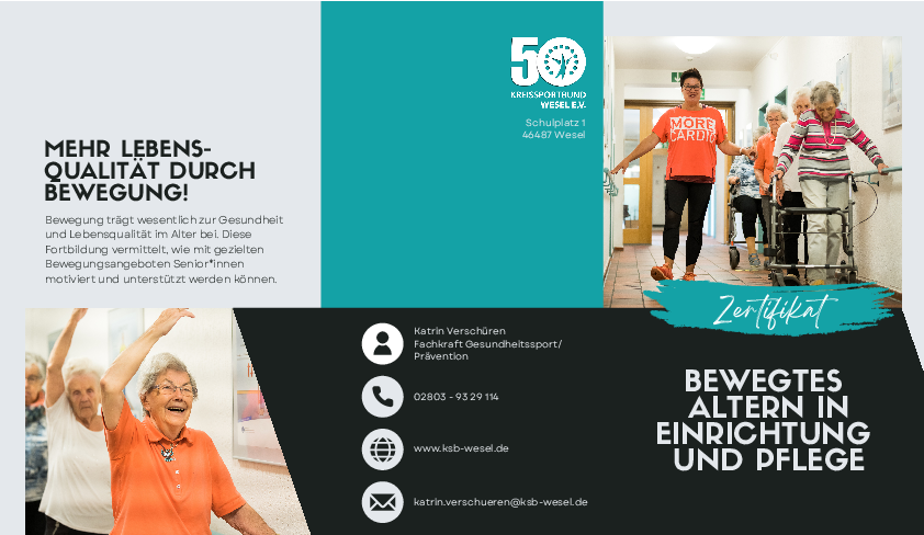 Flyer mit vier Sporttreibenden Seniorinnen und einer Übungsleiterin.