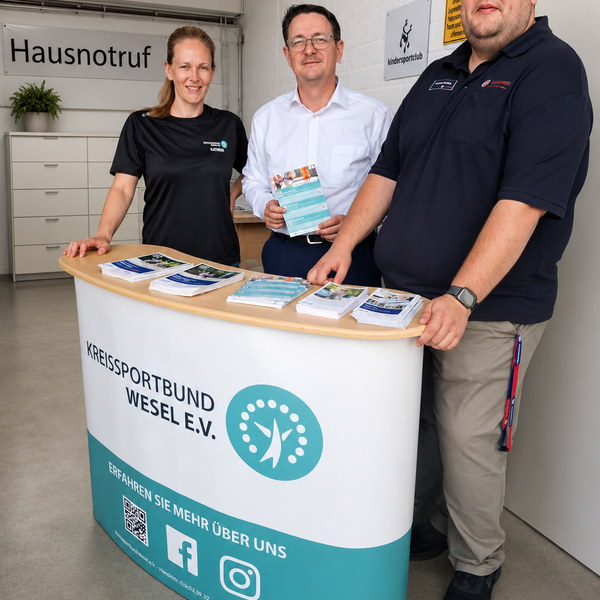 Zwei Männer und eine Frau stehen vor einer Werbetheke mit der Aufschrift "Kreissportbund Wesel".