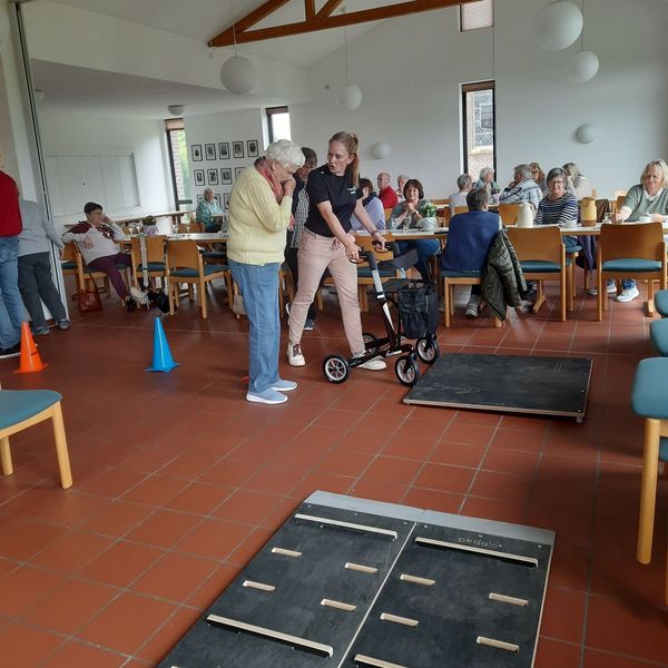 Eine jüngere Frau erklärt einer älteren Dame, wie sie mit dem Rollator über eine vor ihr auf dem Boden liegende Platte kommt. Im Hintergrund stehen und sitzen weitere ältere Menschen und schauen zu. Im Vordergrund liegen Platten eines Rollatorparcours.